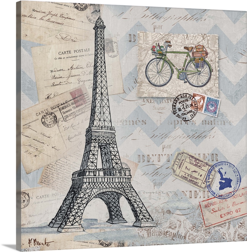 Mixed media panel showcasing a travel themed collection, including postcards, stamps, a bicycle, and the Eiffel Tower.