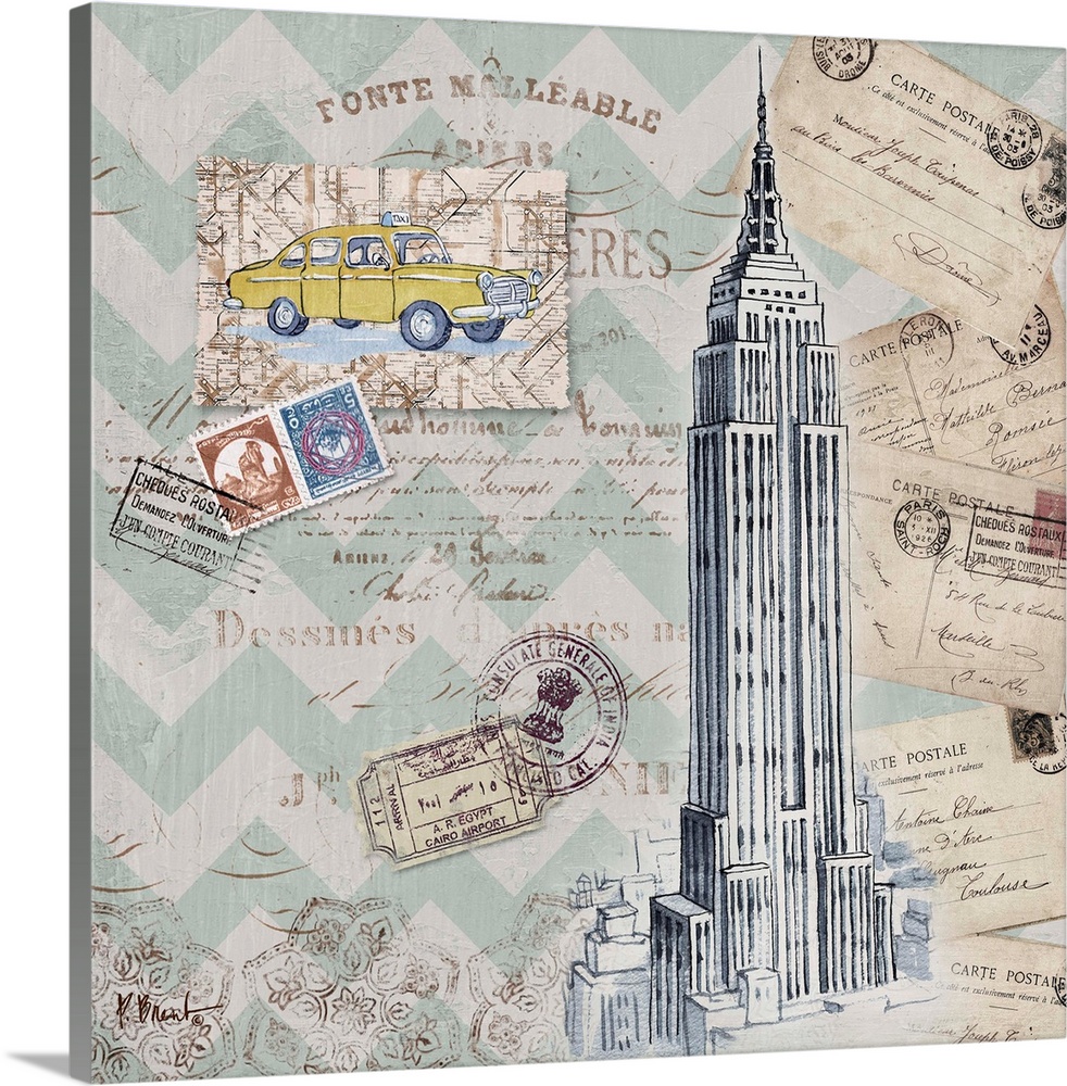 Mixed media panel showcasing a travel themed collection, including postcards, stamps, a taxi, and the Empire State Building.