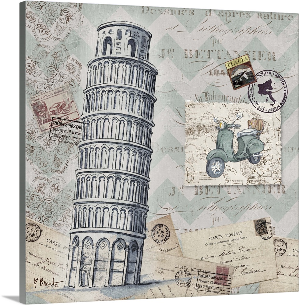 Mixed media panel showcasing a travel themed collection, including postcards, stamps, a vespa, and the leaning tower of Pisa.