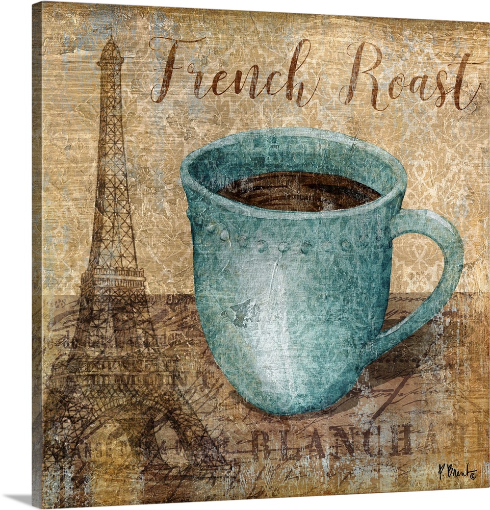 Decorative artwork of a blue mug of coffee with the words "French Roast."