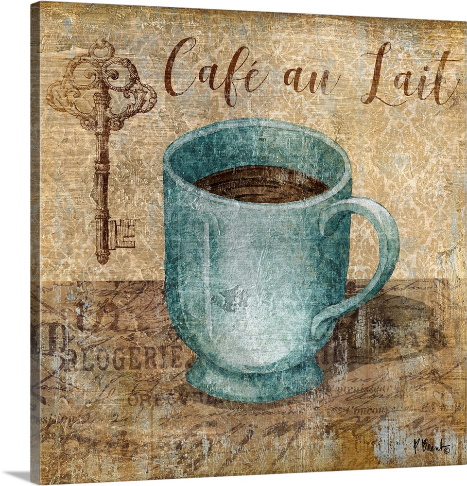 Decorative artwork of a blue mug of coffee with the words "Cafe au Lait."