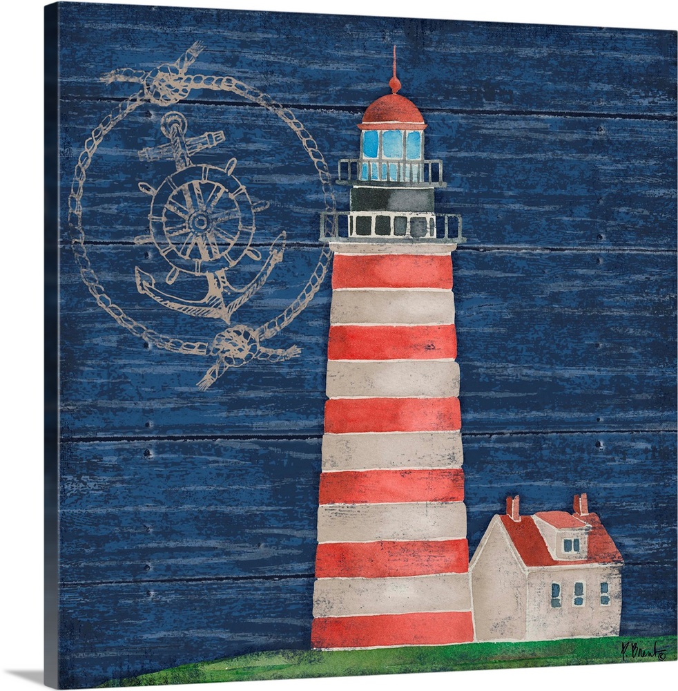 Painting of a red and white striped lighthouse on a blue wooden background.