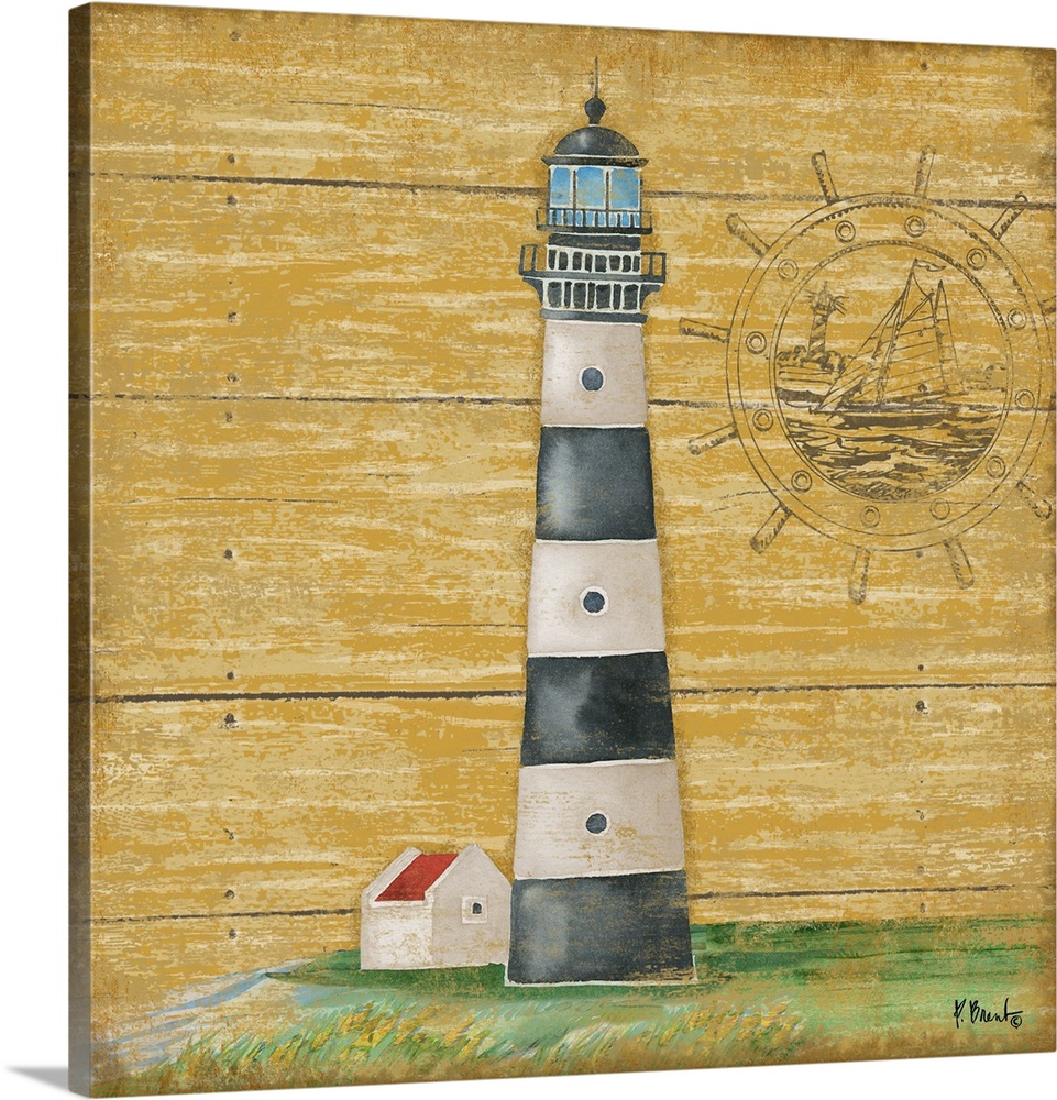 Painting of a black and white striped lighthouse on a yellow wooden background.
