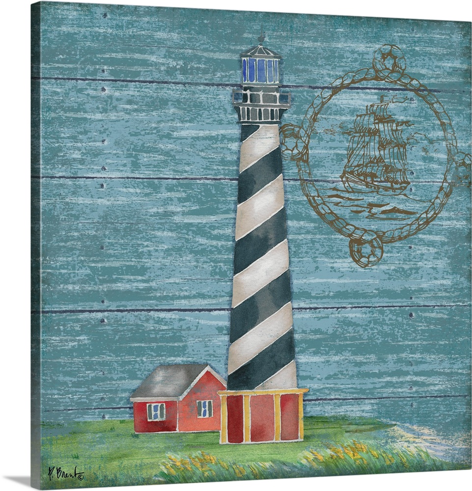 Painting of a black and white striped lighthouse on a light blue wooden background.