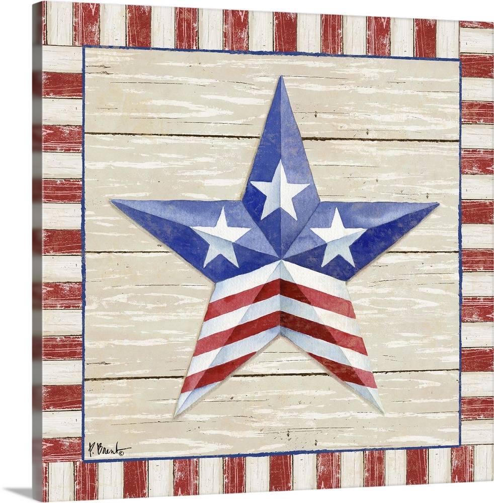 Folk art style painting of a patriotic star with a striped border on wood panels.