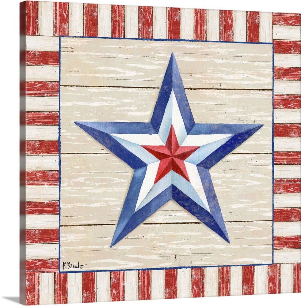 Folk art style painting of a patriotic star with a striped border on wood panels.