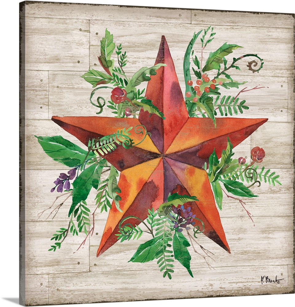 Square decor with a red barn star surrounded with green leaves, red berries, and purple flowers on a faux wood background.