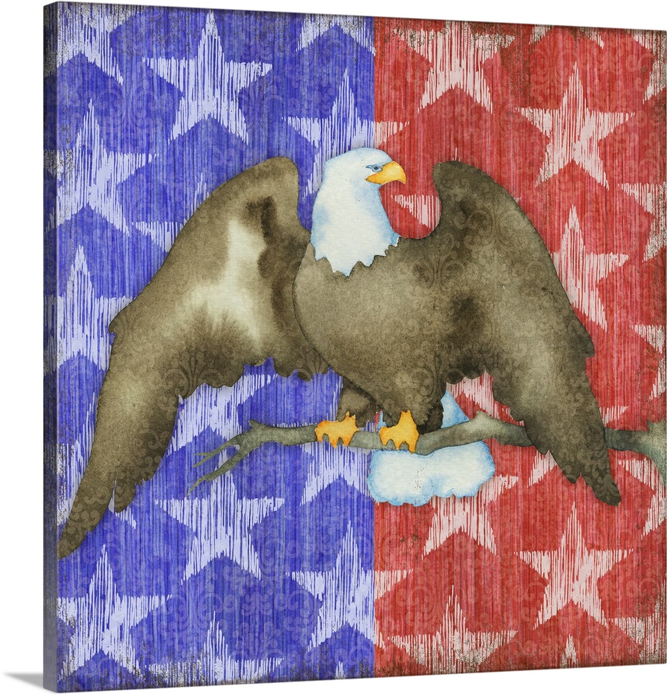 Painting of a bald eagle over a red and blue starry pattern.