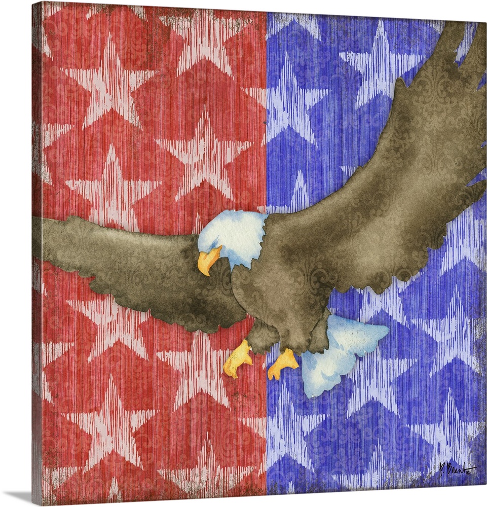 Painting of a bald eagle over a red and blue starry pattern.