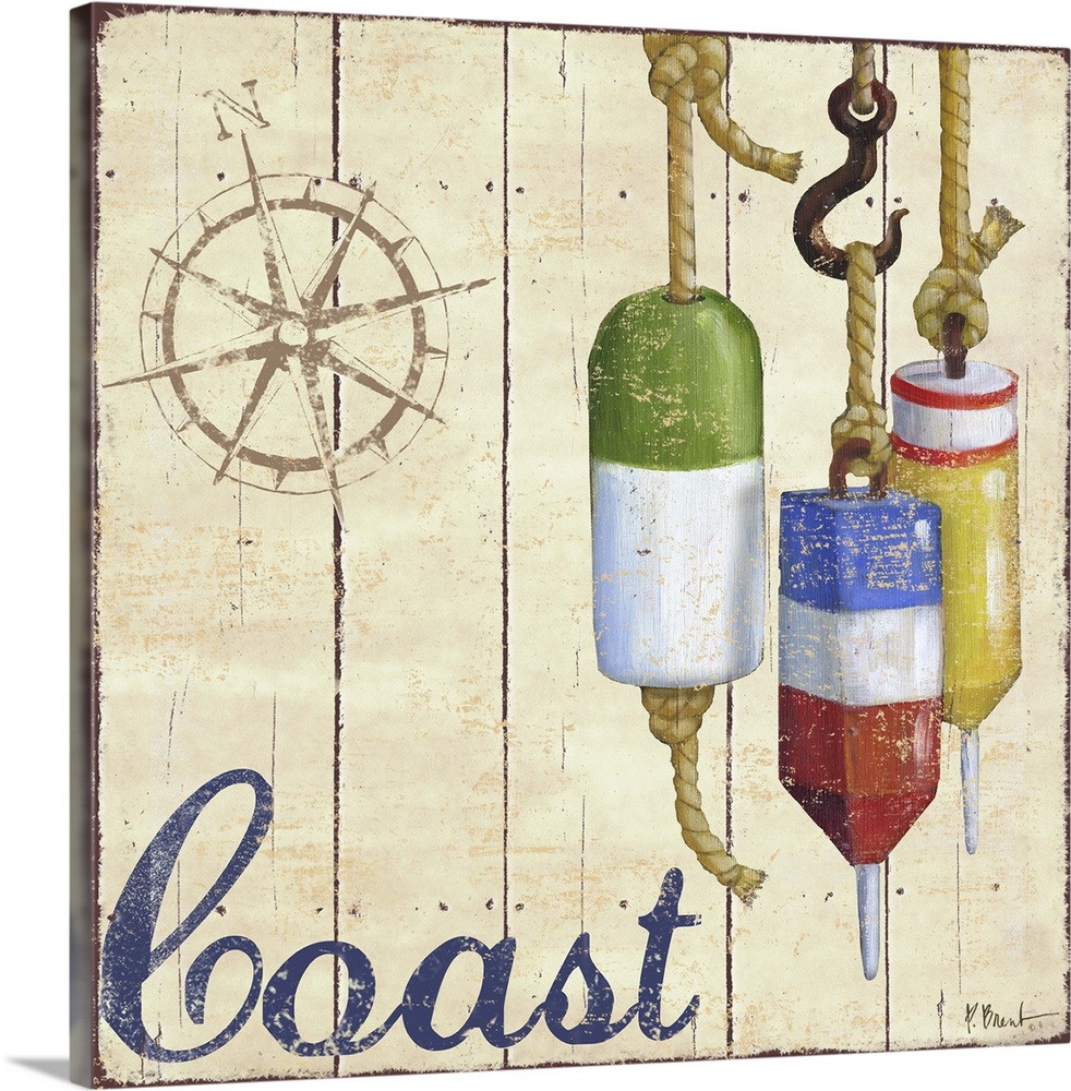 Painted nautical sign on wood panels with a compass rose, buoys, and the word Coast.