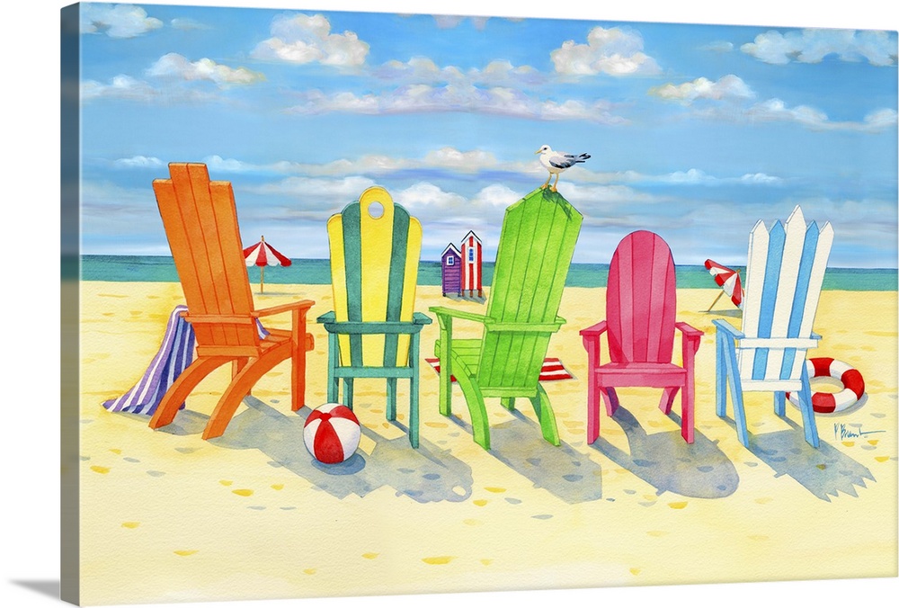Contemporary painting of a row of colorful beach chairs on Brighton beach.
