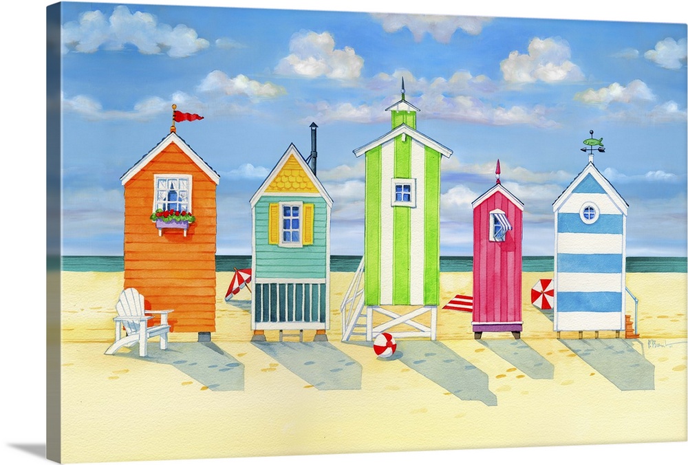 Contemporary painting of a row of colorful changing huts on Brighton beach.
