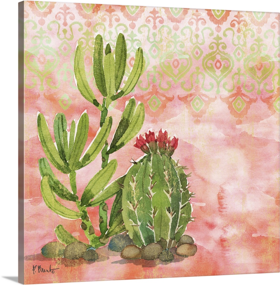 Square watercolor painting of cacti on a light coral and green patterned background.