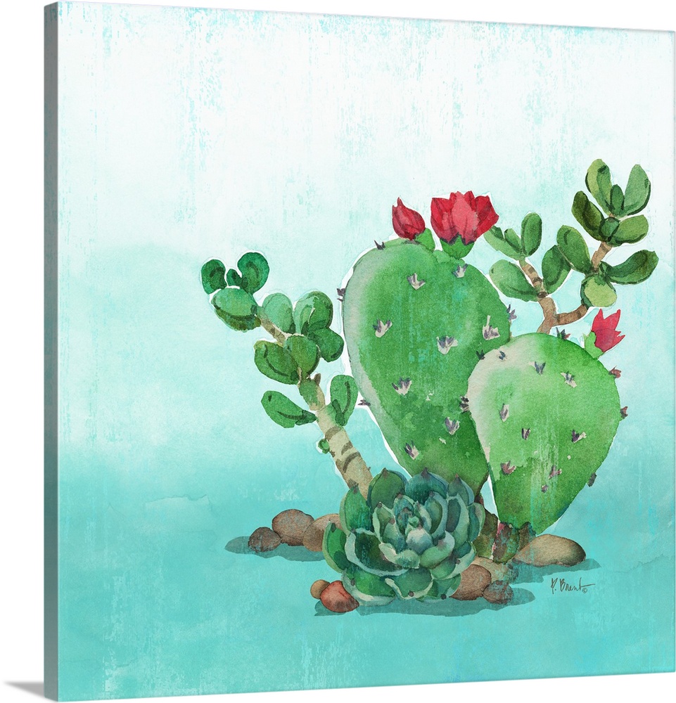 Square watercolor painting of cacti and a succulent on a light blue and white background.