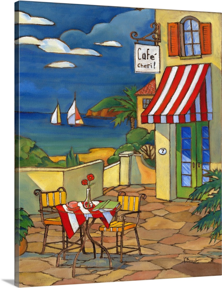 Illustration of a cafe in France by the sea, with a striped awning.