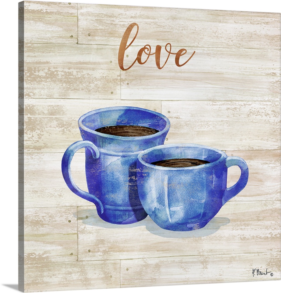 Square decor with two mugs of coffee on a faux wood background with "love" written at the top.