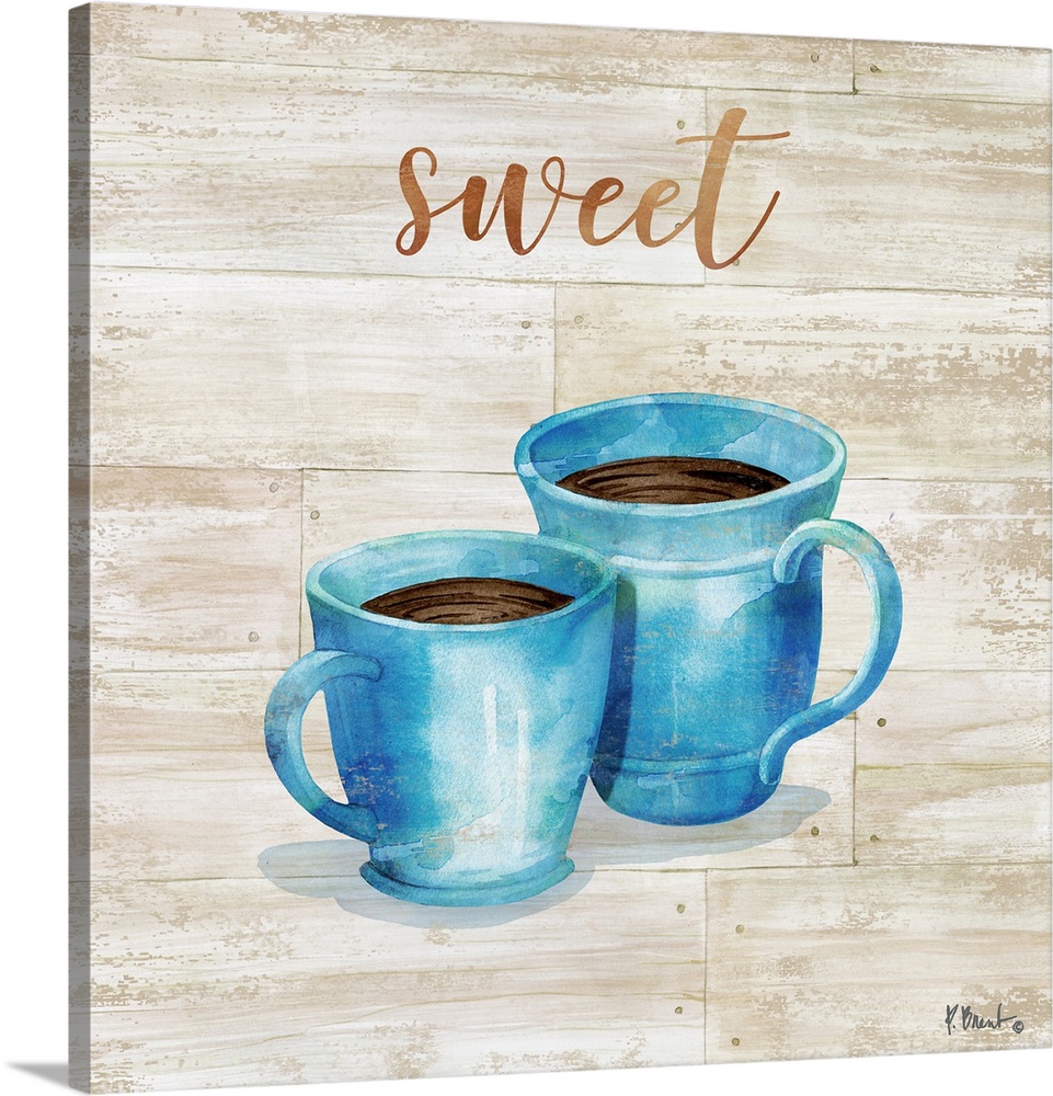 Square decor with two mugs of coffee on a faux wood background with "sweet" written at the top.