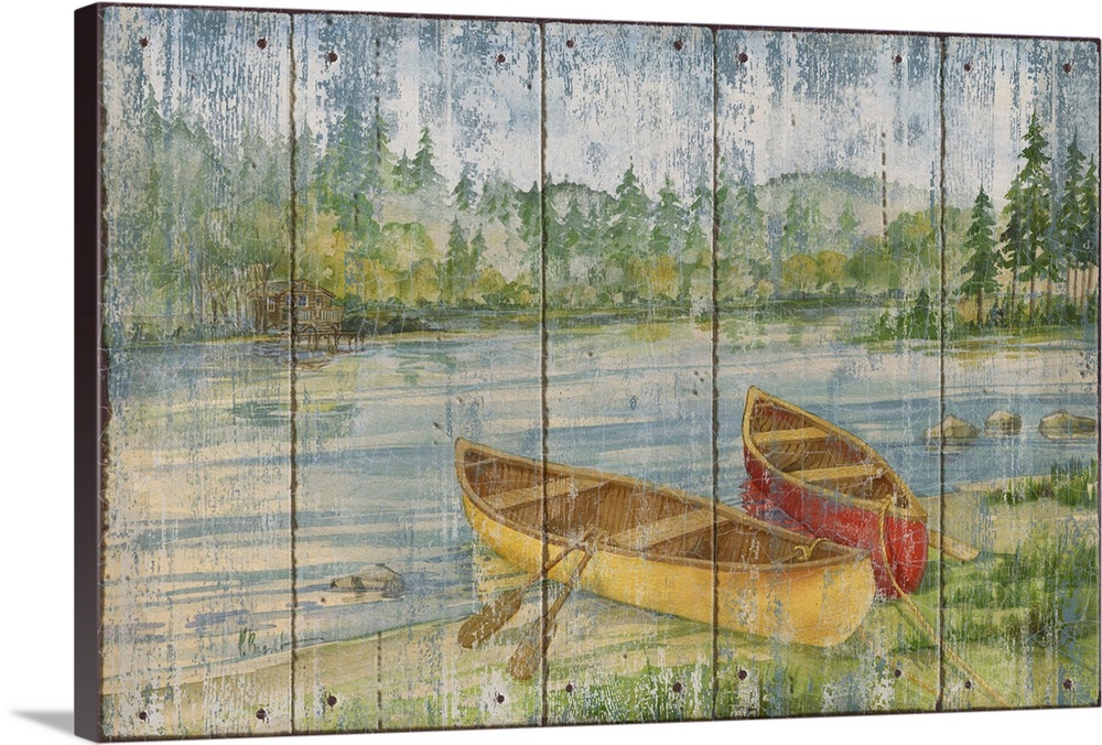 Rustic-style painting of two canoes with oars on the edge of a shallow river, done on wood panels.