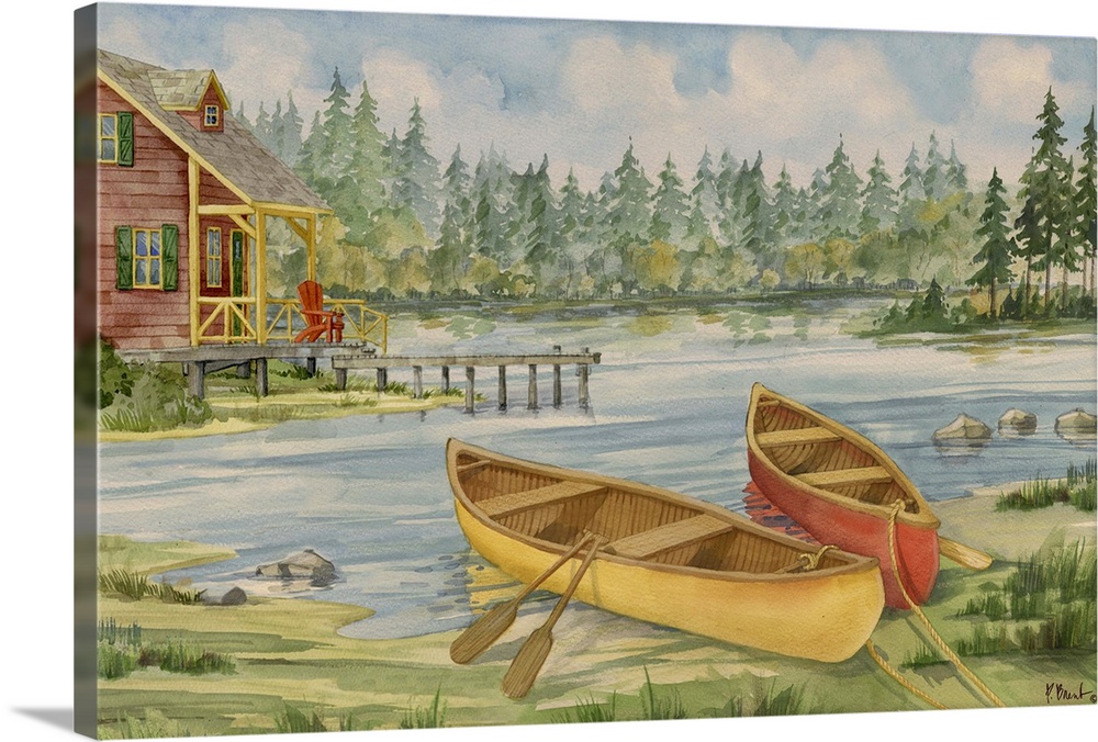 Contemporary artwork of two canoes on the shore near a cabin in the woods.
