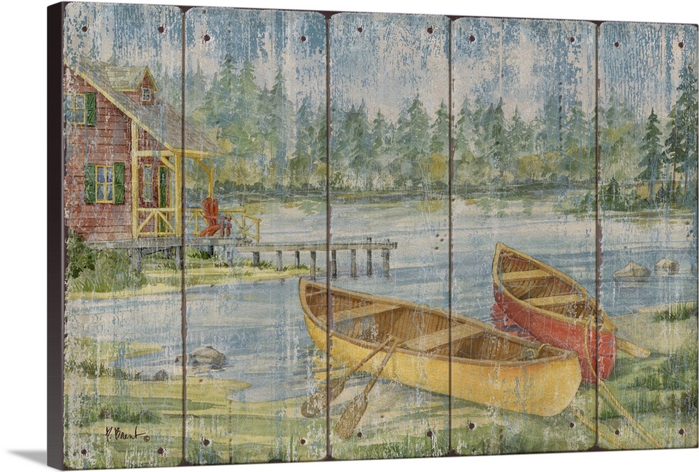 Contemporary artwork of two canoes on the shore near a cabin in the woods on a textured panel background.