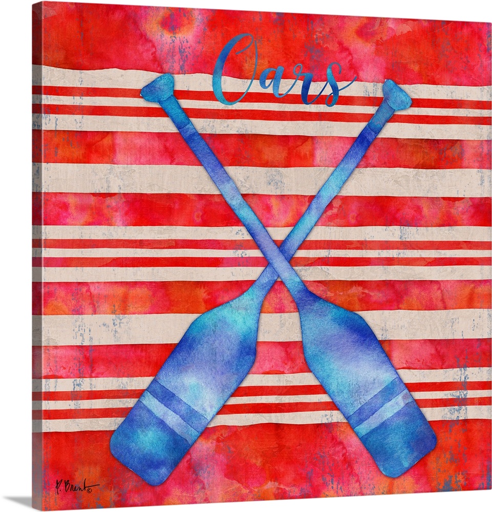 Square nautical decor in red, white, and blue with illustrated oars in the center and "Oars" written at the top.