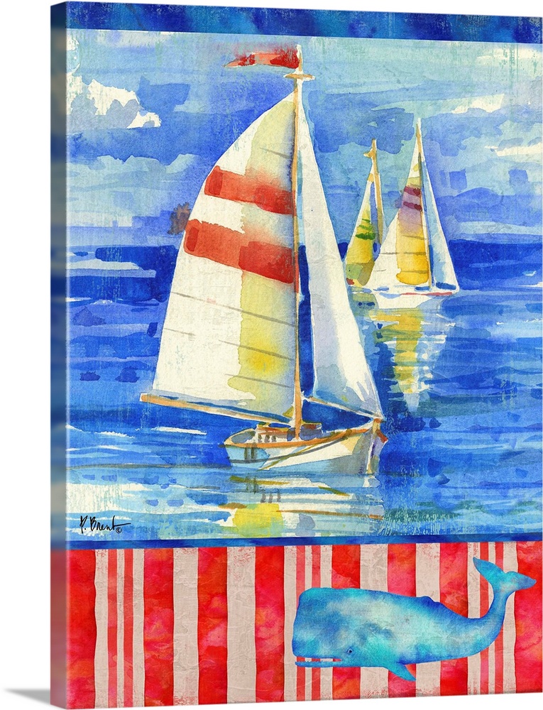 Watercolor painting of sailboats in the ocean with a striped bottom and an illustration of a wale - in red, white, and blu...