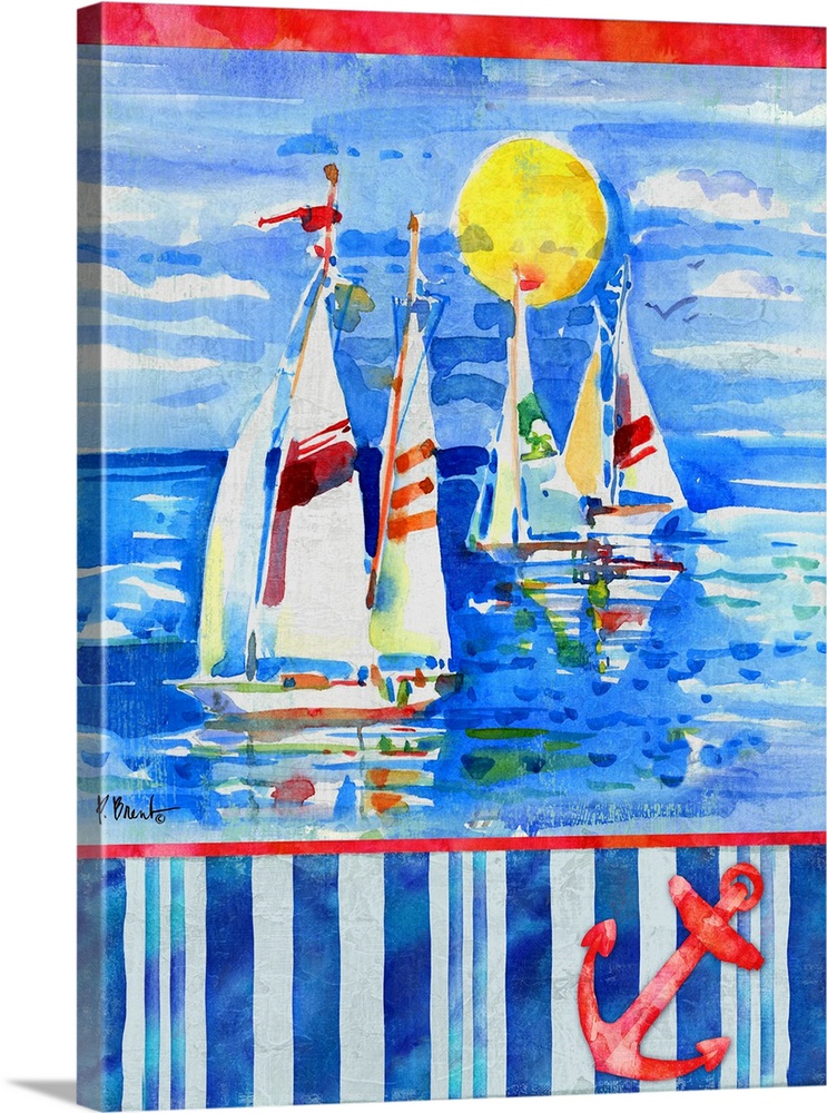 Watercolor painting of sailboats in the ocean with a striped bottom and an illustration of an anchor - in red, white, and ...