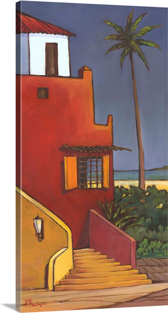 Brightly colored painting of a Caribbean house with adobe walls and a palm tree.