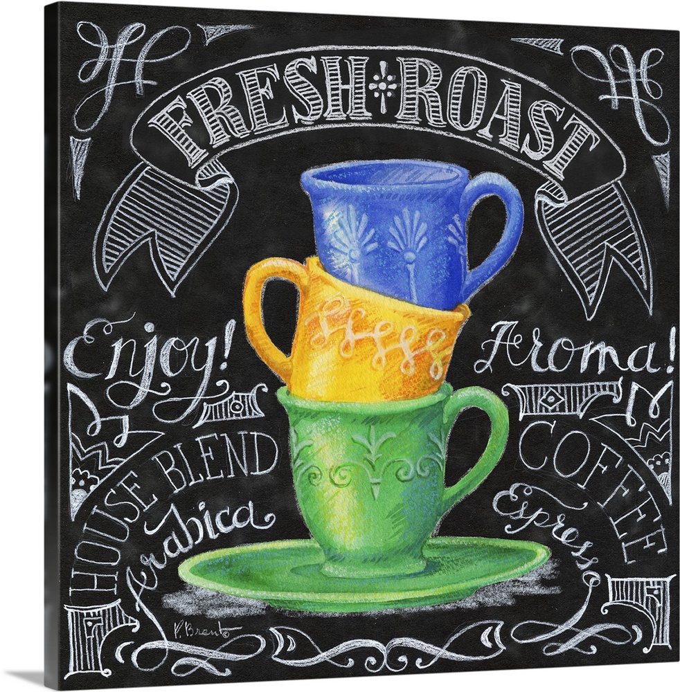 Three coffee cups in a stack on a chalkboard style panel decorated with handwritten coffee-themed words.