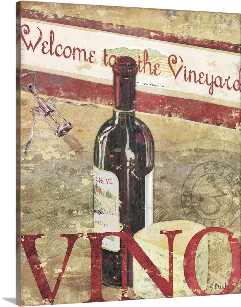 Welcome sign featuring a bottle of red wine and cheese, with the word Vino.