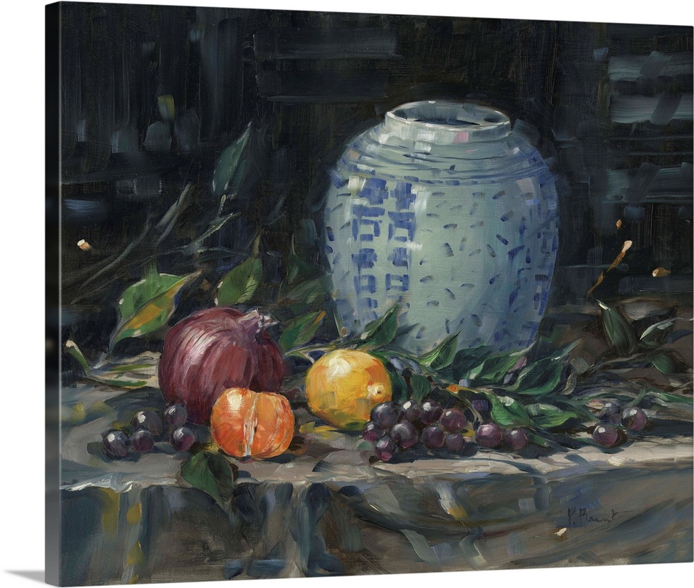 Still life painting of a Chinese urn with fruit.