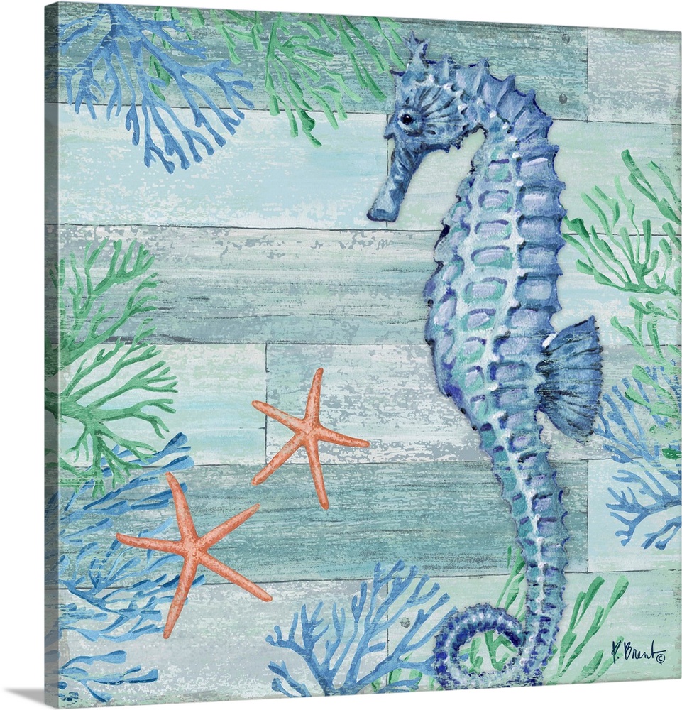 Square beach decor with a seahorse, starfish, and seaweed in blue and green tones on a faux wood background.
