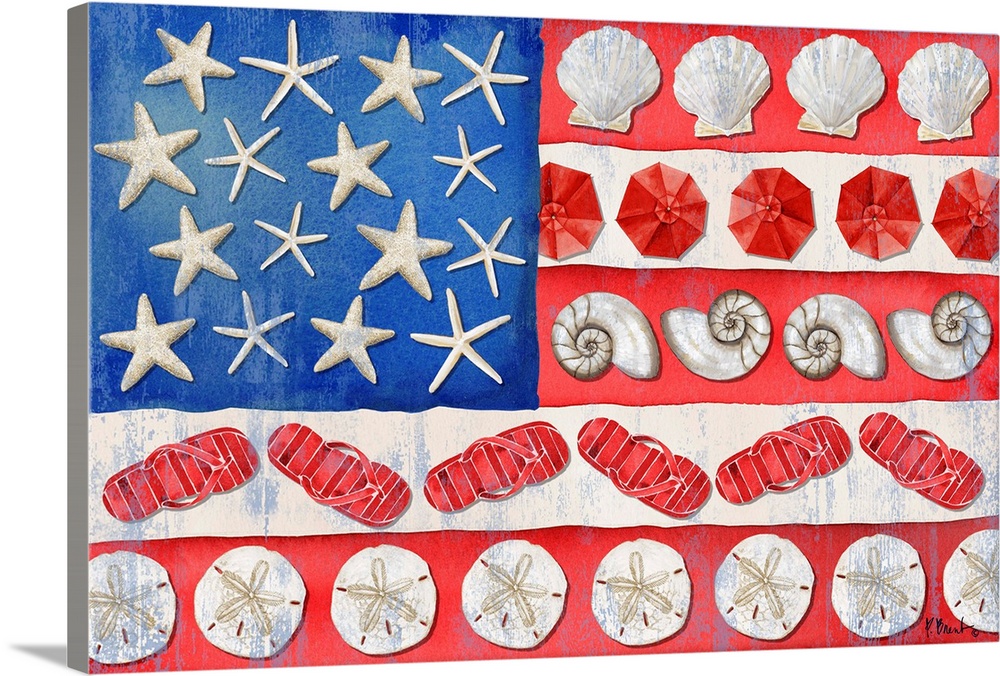 American flag made of ocean elements, including shells, starfish, and sandals.