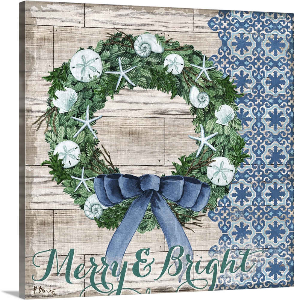 A Christmas wreath decorated with shells and starfish on a wood panel background.