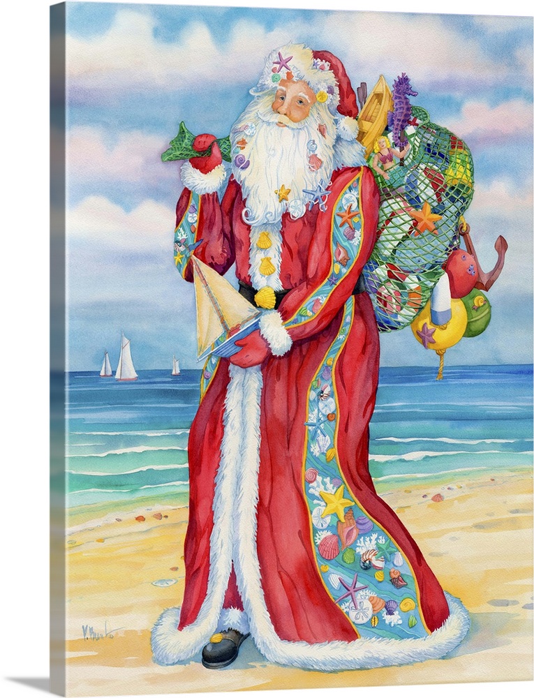 Santa Claus carrying a sack full of toys on a sandy beach.