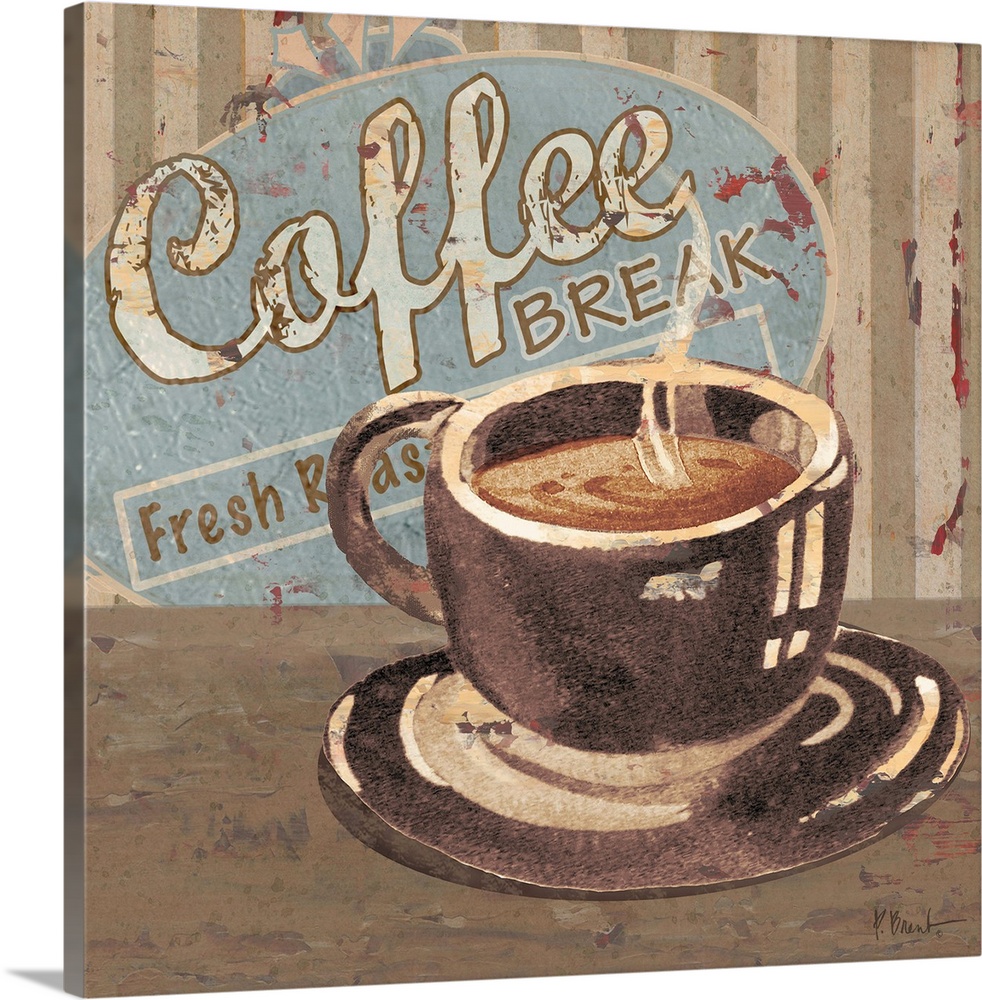 Rustic sign for a cafe with a steaming cup of coffee and the words Coffee Break.
