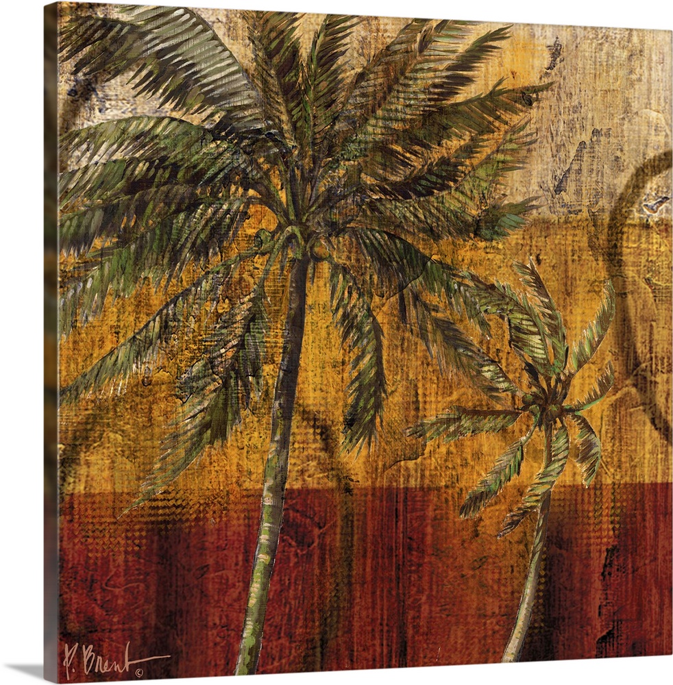 Decorative panel of a palm tree with leafy fronds against an abstract background.