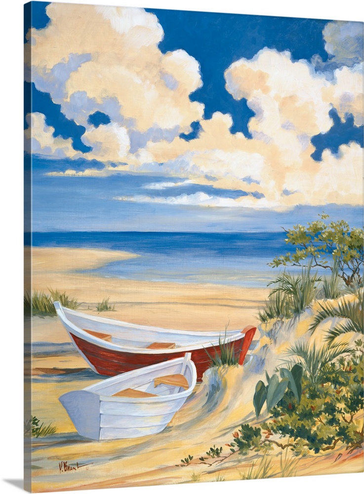 Contemporary painting of boats on a sandy beach under a cloudy sky.
