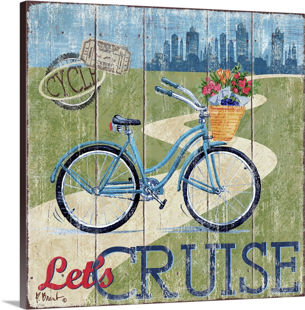 Decorative art of a bicycle near a road with a city skyline in the distance on a textured panel background.