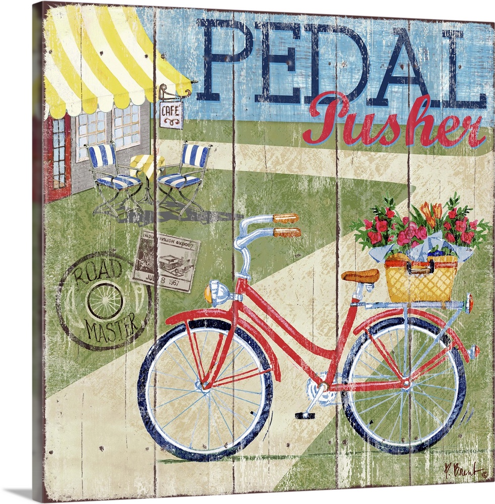 Decorative art of a bicycle on the street near a small cafe on a textured panel background.