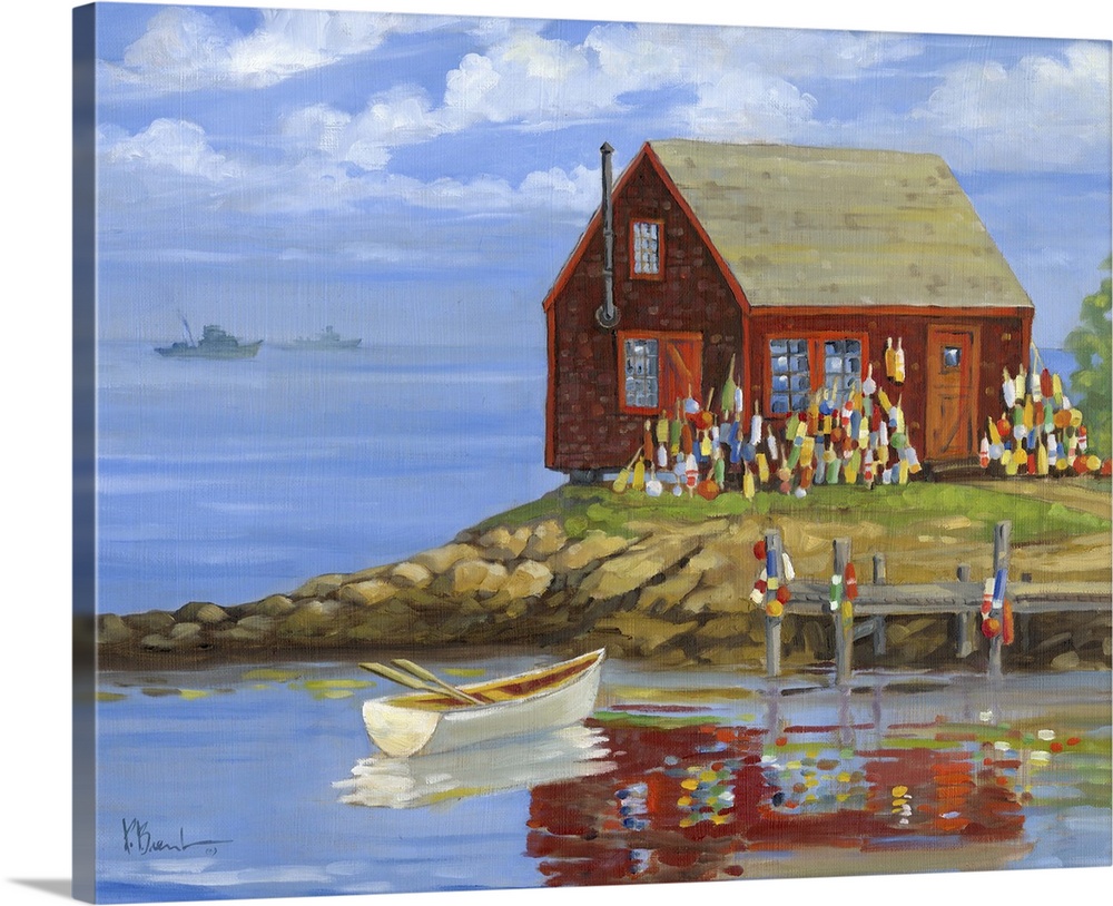 Contemporary painting of a New England lobster shack at a harbor with boats and several buoys.