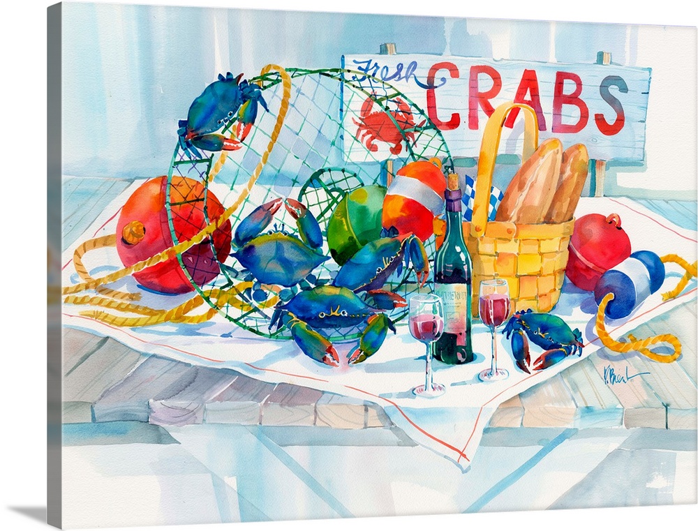 Seafood still life arrangement of crabs, buoys, nets, bread, and wine.