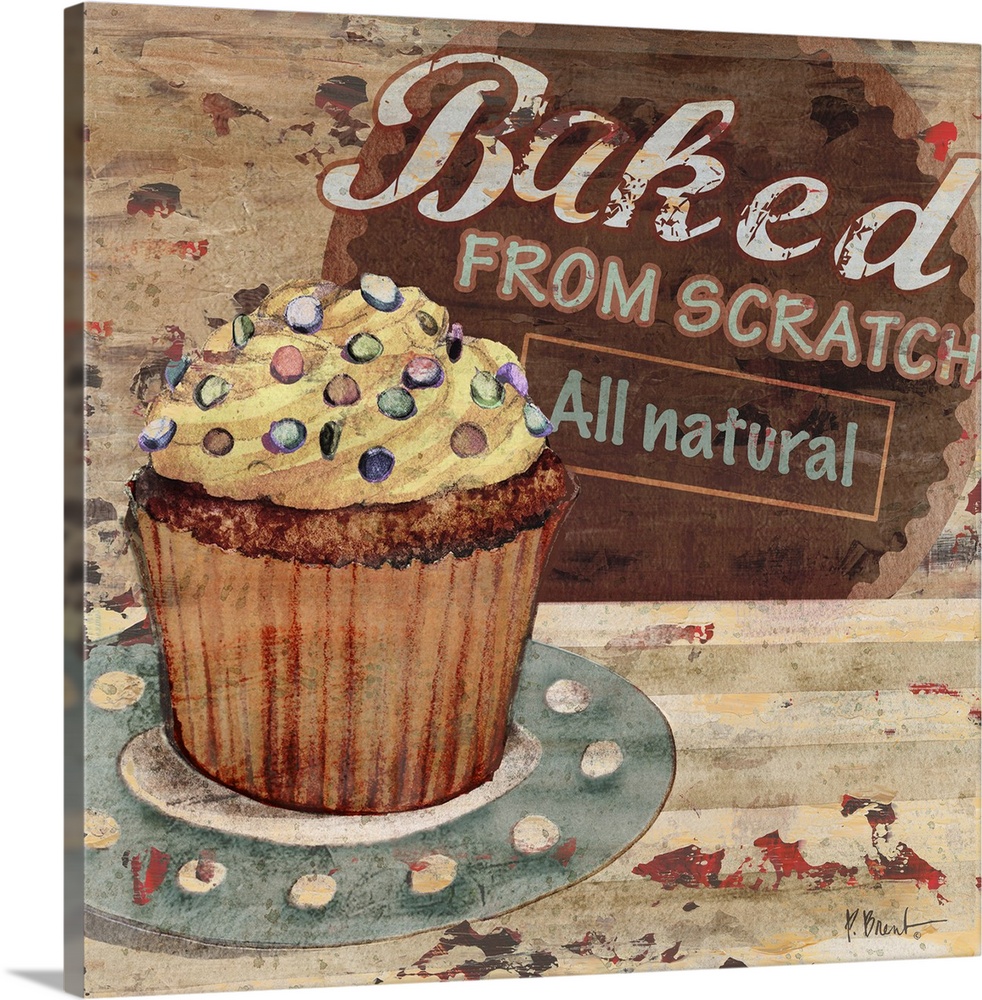 Rustic sign for a bakery featuring a cupcake and the text Baked From Scratch.