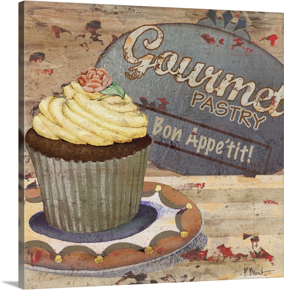 Rustic sign for a bakery featuring a cupcake and the text Gourmet Pastry.