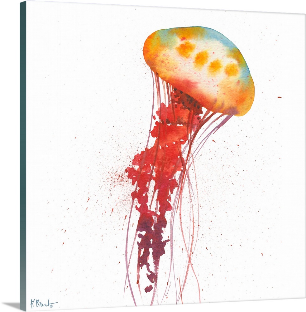Watercolor painting of a jellyfish with long tentacles.