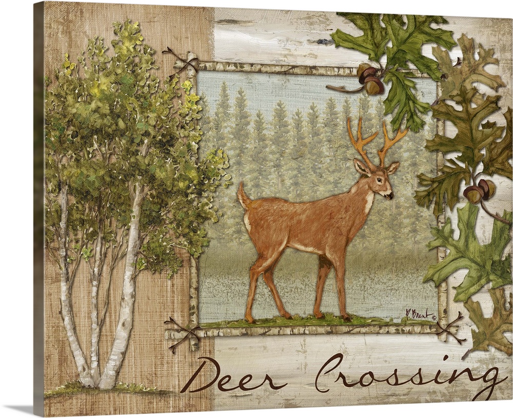 Decorative artwork of a deer in a frame, with oak leaves, aspen trees, and the words Deer Crossing.