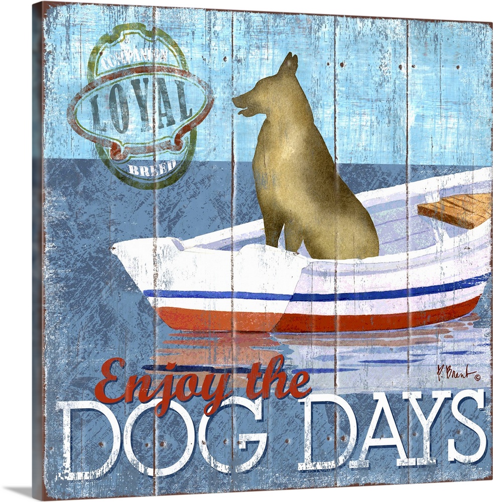 Contemporary decorative artwork of a German Shepherd dog on a boat with the words "Enjoy the Dog Days."
