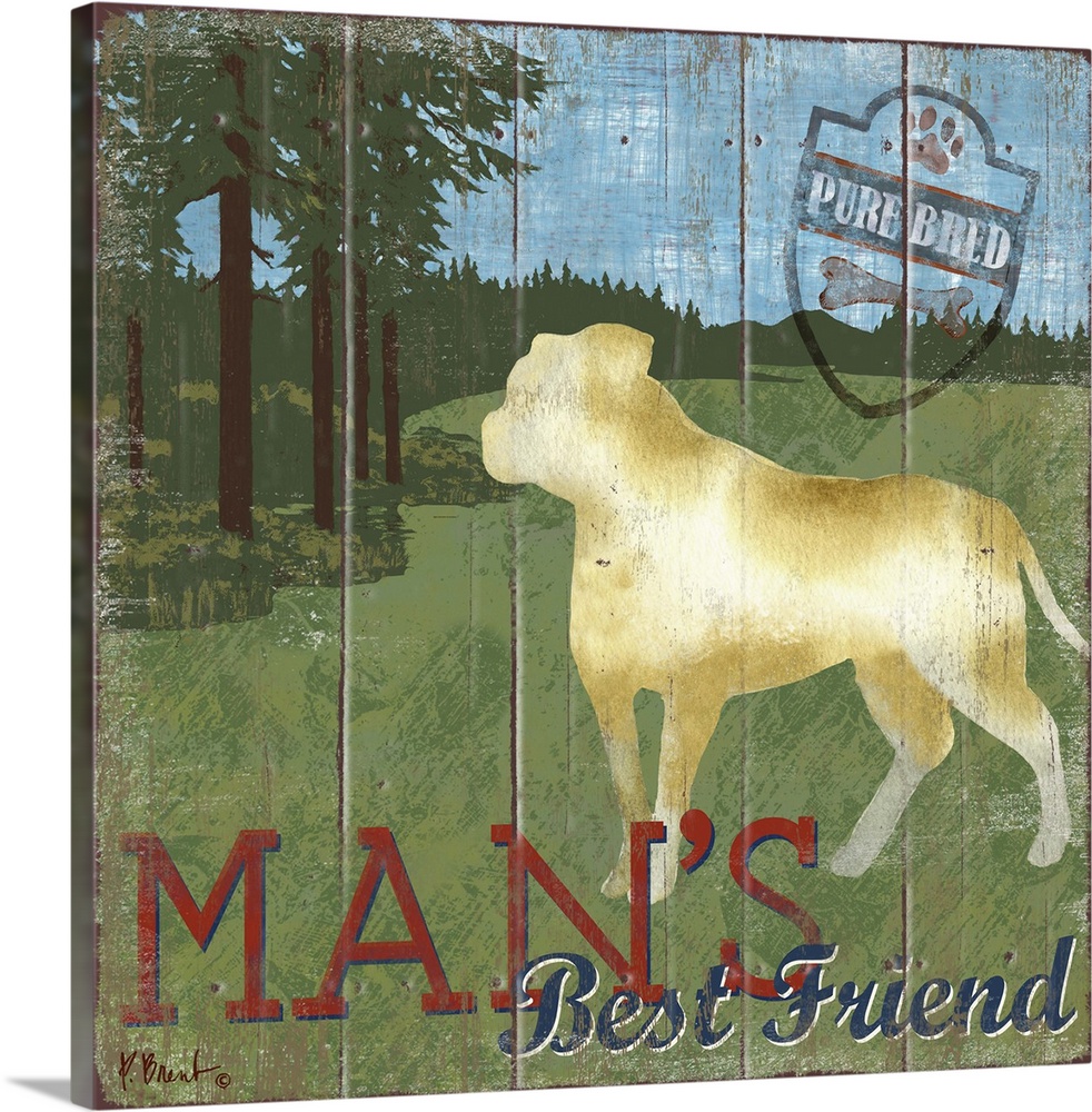 Contemporary decorative artwork of a pit bull dog on a boat with the words "Man's Best Friend."