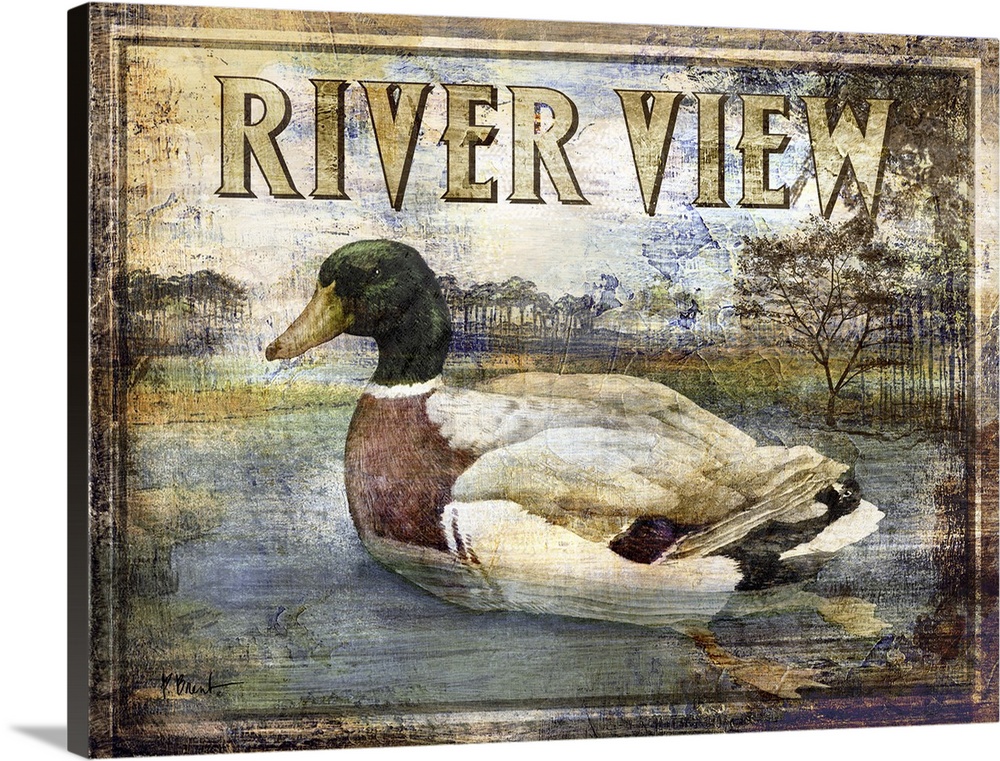Textured sign with a mallard duck drake in a river with the text River View.