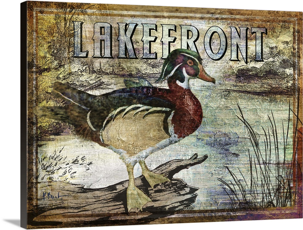 Textured sign with a wood duck drake in a river with the text Lakefront.